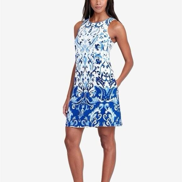 Lauren Ralph Lauren Womens Paland Crepe Dress 14 Stretch Pockets Coastal Damask - Picture 1 of 3